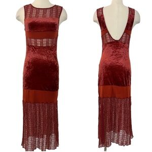 Free People Keep In Line Velvet Midi Dress Sheer Crochet Lace Open Back | Small